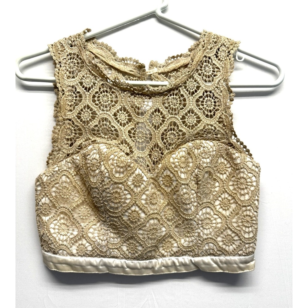Y2K Metallic Lace Crop Top – Sequin Hearts Gold Bustier‎ Style